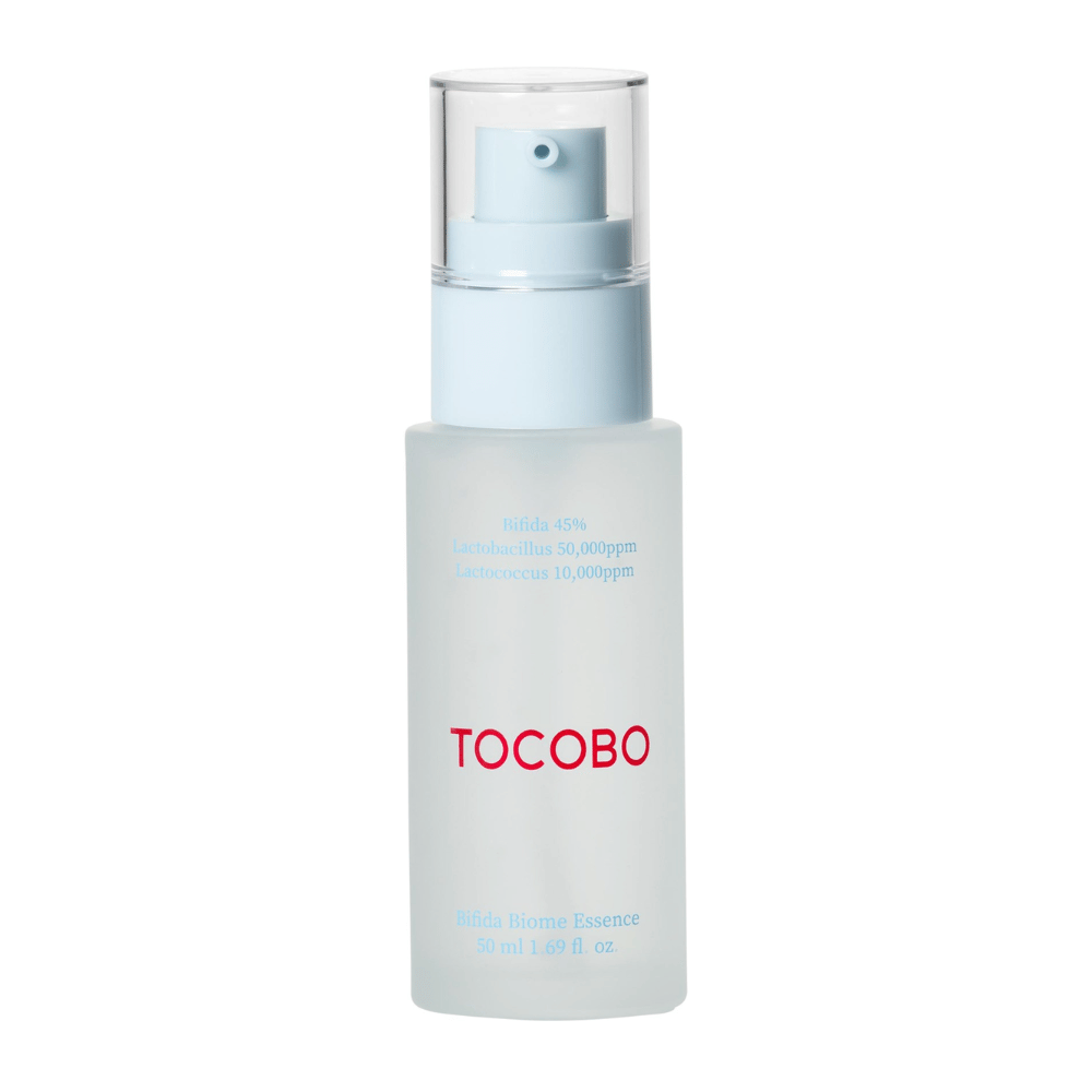 TOCOBO Bifida Biome Essence in a frosted pump bottle with a light blue top and transparent cap. Text on the bottle shows that it contains 45% Bifida, Lactobacillus, and Lactococcus, 50 ml.
