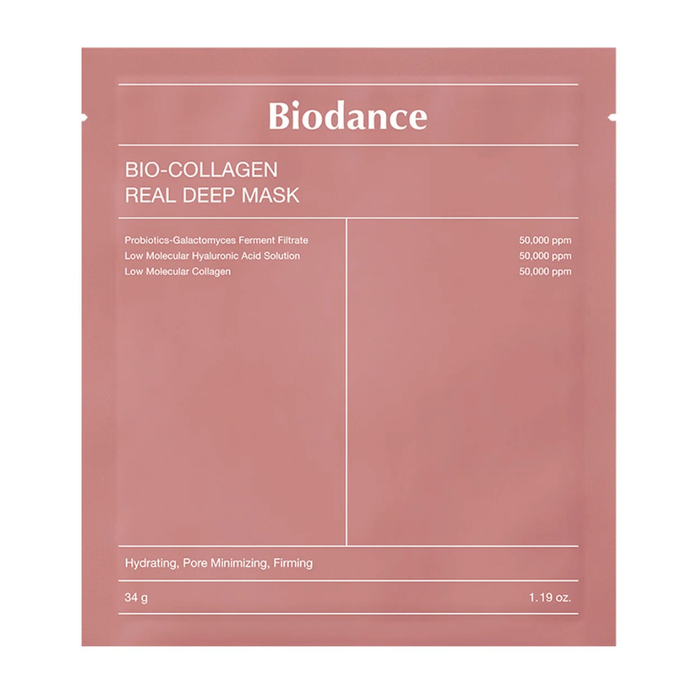 The image shows Bio-Collagen Real Deep Mask from Biodance, packaged in soft pink. The text details ingredients such as probiotics, galactomyces ferment filtrate, hyaluronic acid, and collagen, with effects like hydration, pore minimizing, and firmness.