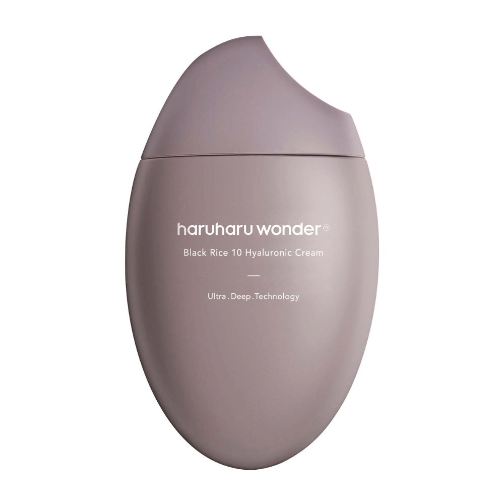 A smooth and sleek packaging of "Haruharu Wonder Black Rice 10 Hyaluronic Cream", marked with white text. The packaging uses "Ultra Deep Technology" which suggests an advanced formula for deep skin hydration.