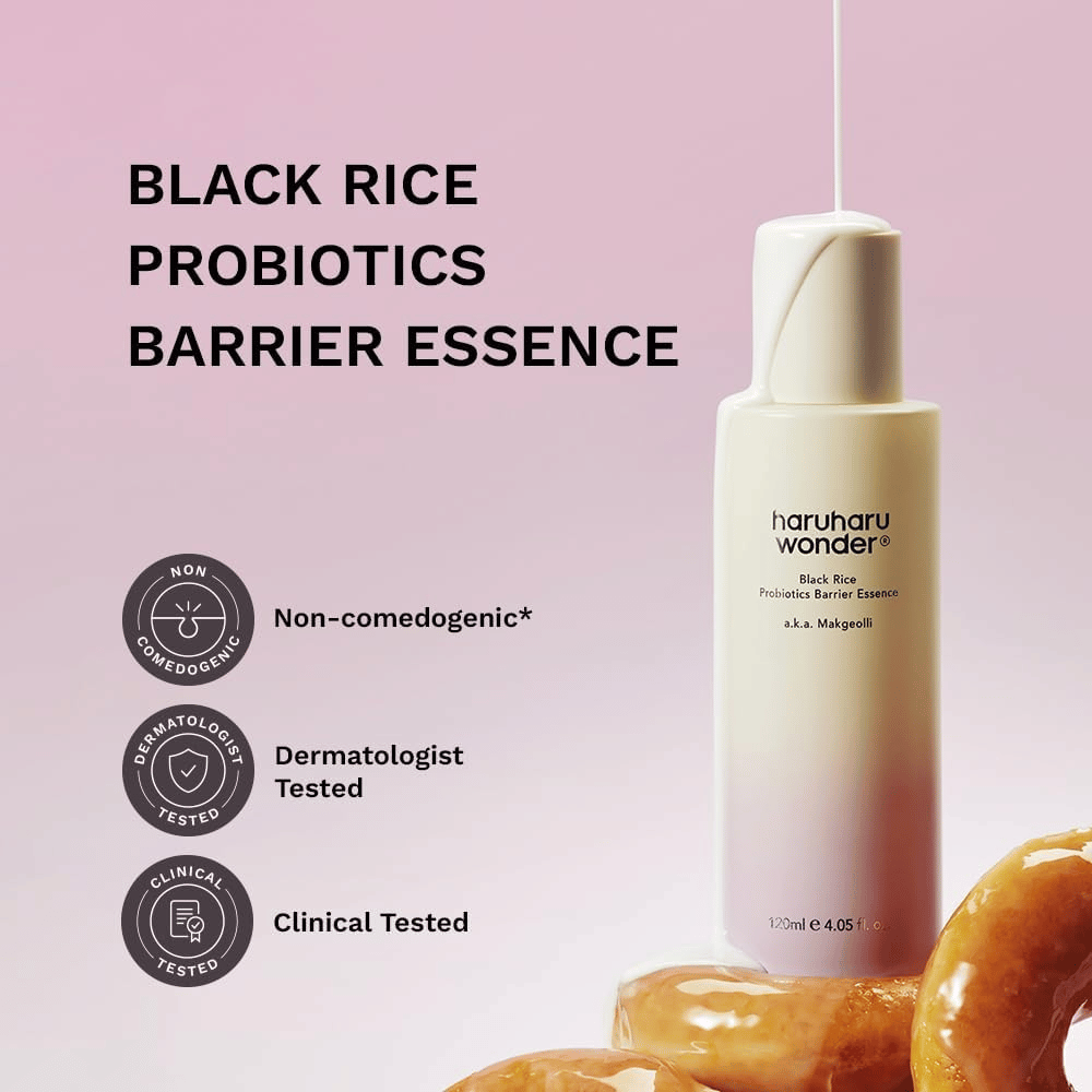 Essence with probiotics and black rice that soothes sensitive skin and improves the skin's texture and tone