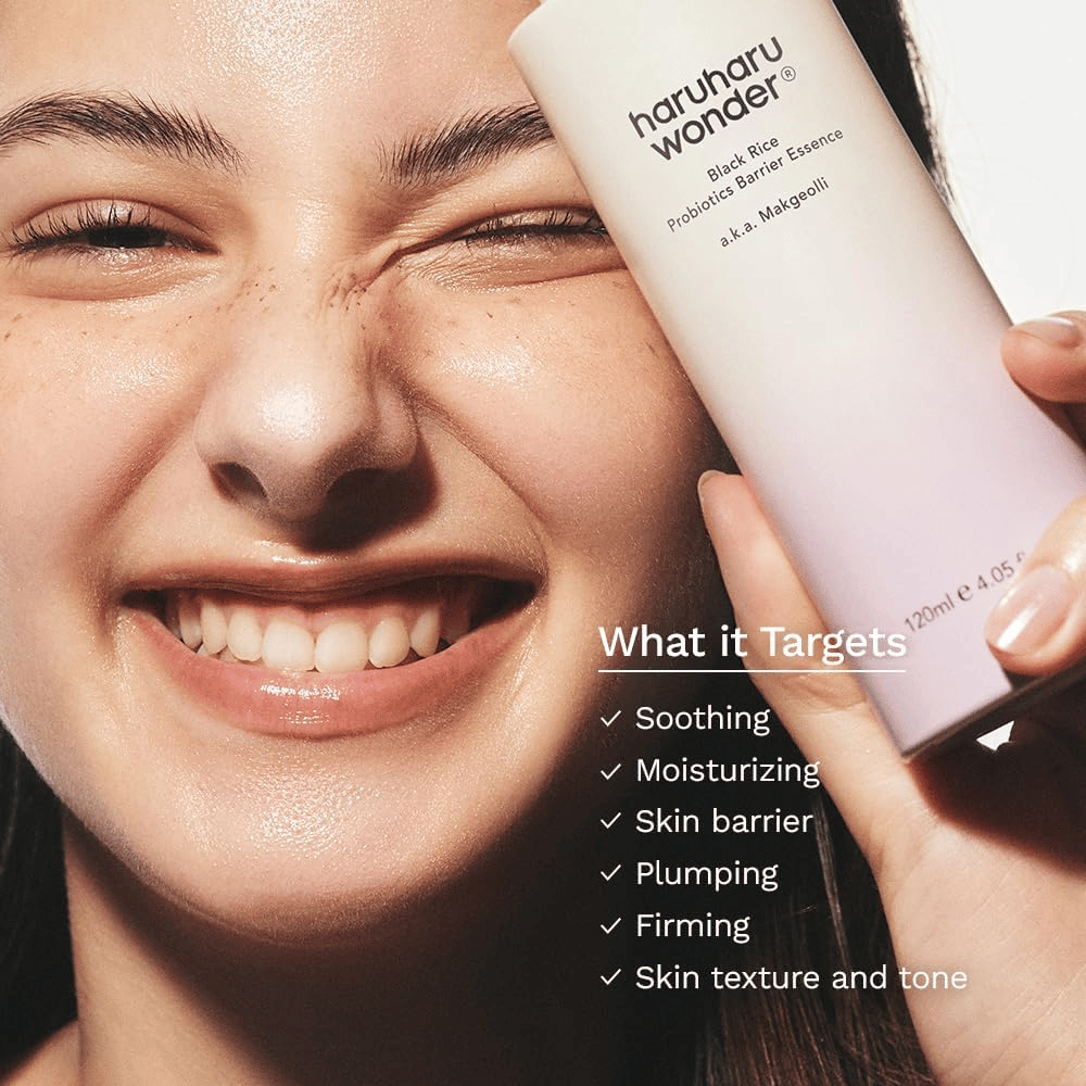 Haruharu Wonder Black Rice Probiotics Barrier Essence is applied to the face for hydration, a soothing effect, and a strengthened skin barrier