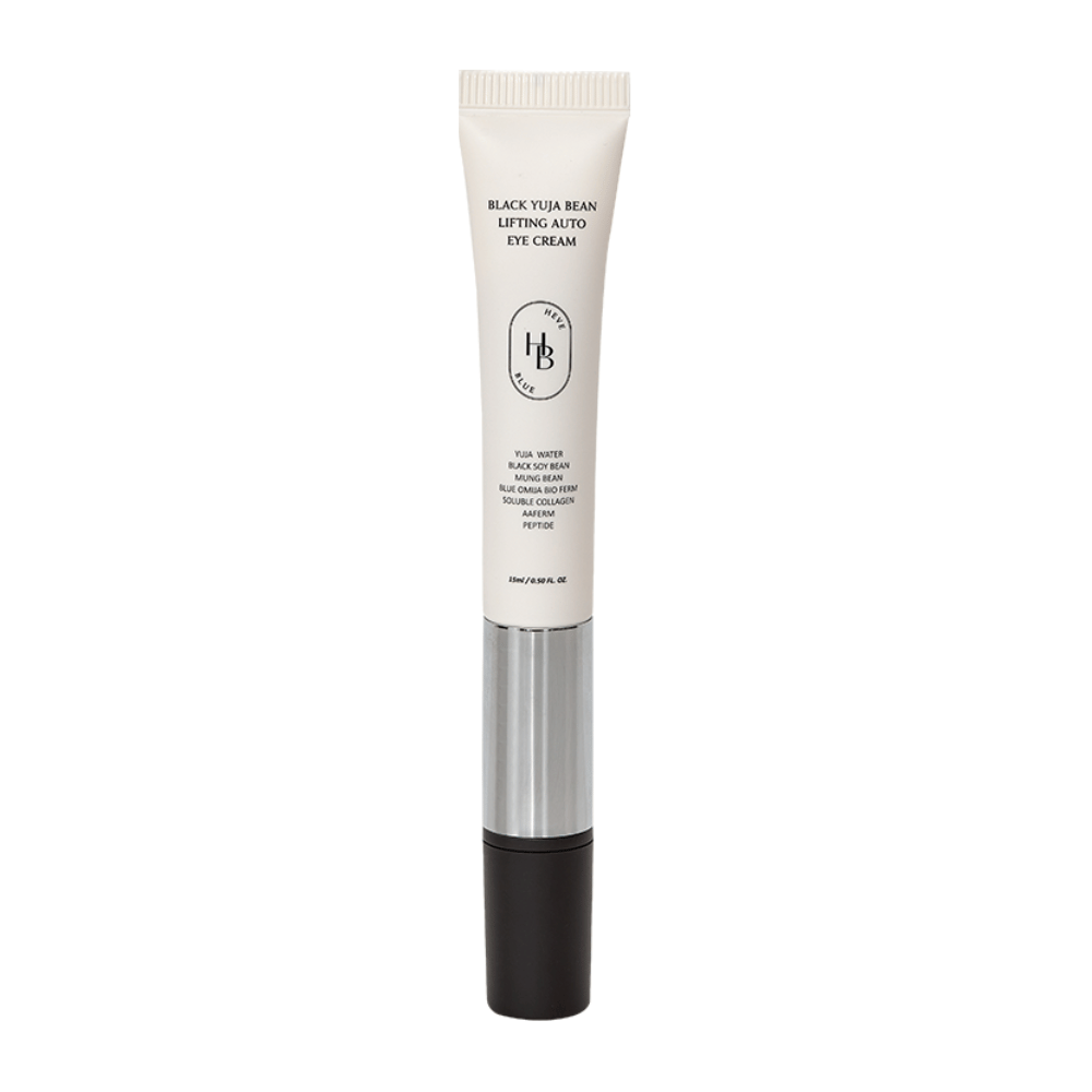 Product image of HEVE BLUE Black Yuja Bean Lifting Auto Eye Cream – a tube with a white top, silver middle, and black applicator. Text on the packaging lists ingredients such as yuja water and black soy bean.