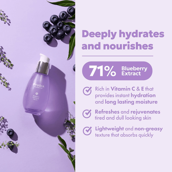 FRUDIA Blueberry Hydrating Serum with 71% blueberry extract providing intense hydration, long-lasting moisture, light texture, and fresh radiance to dry skin.