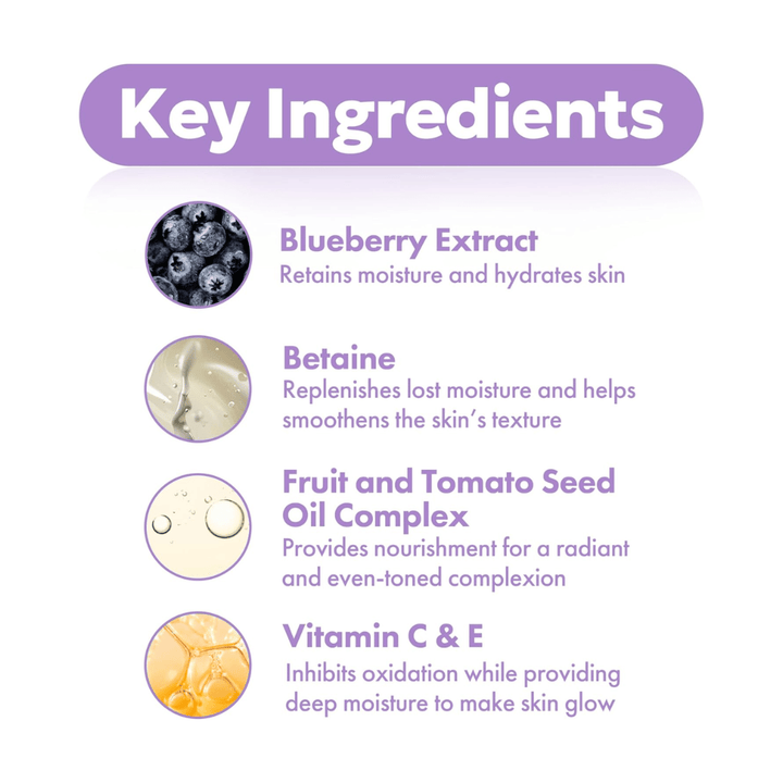 Key ingredients in FRUDIA Blueberry Hydrating Serum with blueberry extract, betaine, seed oil complex, and vitamins C and E for hydrated and radiant skin.