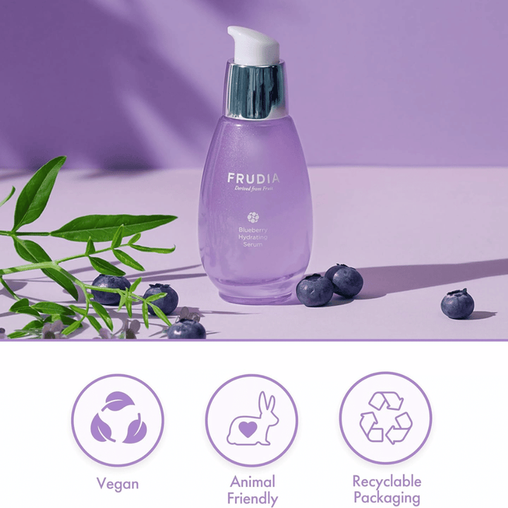 FRUDIA Blueberry Hydrating Serum with blueberry extract, vegan formula, cruelty-free and recyclable packaging, developed for hydration and radiance.