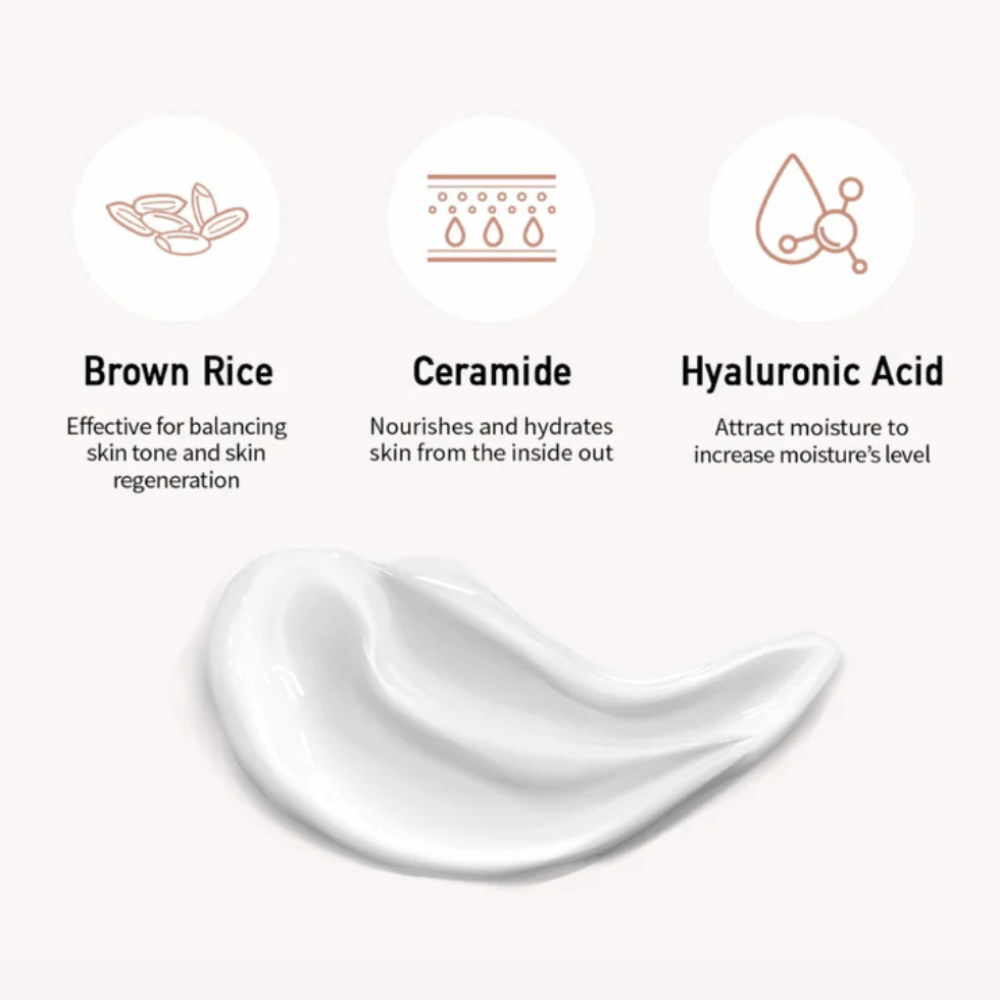 Close-up of sunscreen formula along with illustrations and explanations of three key ingredients: brown rice for even skin tone, ceramides for nourishment, and hyaluronic acid for moisture.