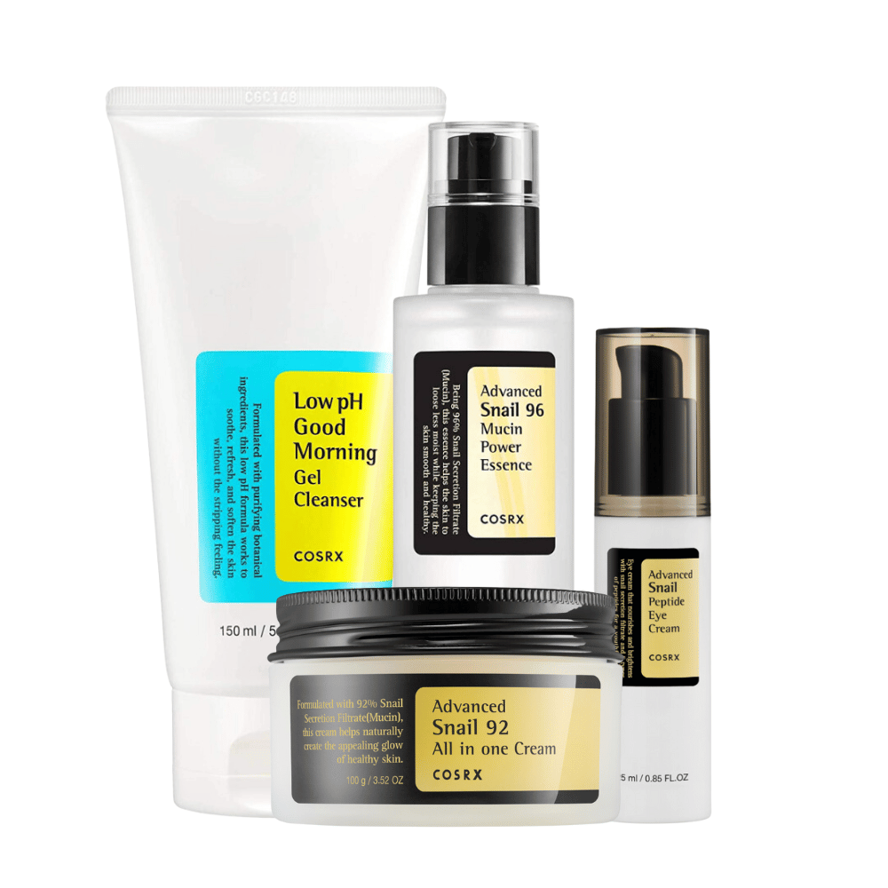 A collection of Korean beauty products with COSRX Starter Kit from COSRX with low pH formulas, displayed on a white background.