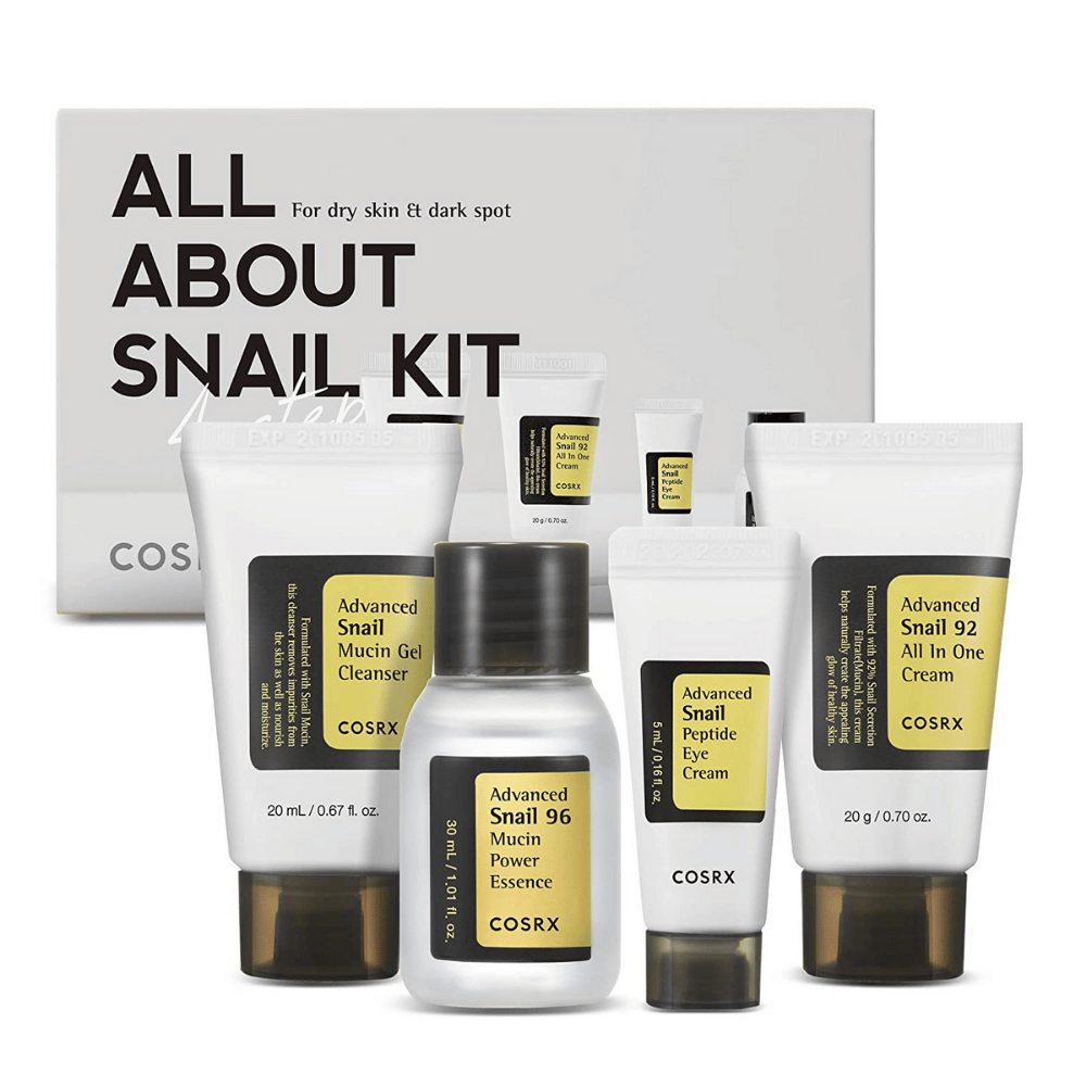 COSRX All About Snail Kit – Korean skincare box with Snail Mucin Cleanser, Essence, Eye Cream and All In One Cream for hydration and repair.
