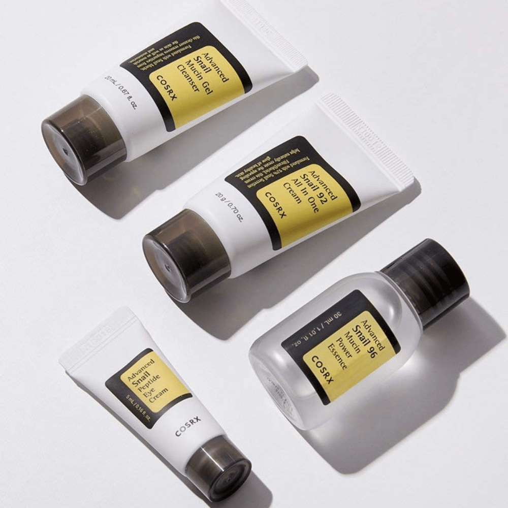 COSRX All About Snail Kit – travel sizes with Snail Gel Cleanser, Snail 92 All In One Cream, Snail 96 Mucin Essence and Snail Peptide Eye Cream.
