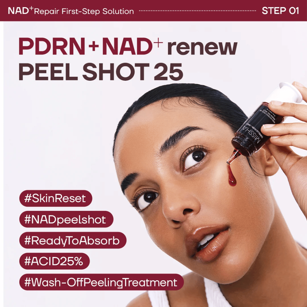 4. MISSHA Camellia PDRN NAD+ High-Potency Acid 25 Renew Peel Shot – model applying exfoliating exfoliator to the cheek