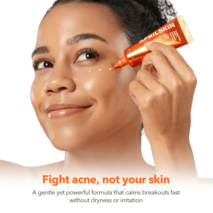 APRILSKIN Carrotene IPMP Clearing Solution applied as spot treatment for acne and pimples, soothing formula with BHA, PHA, zinc and niacinamide for impure skin