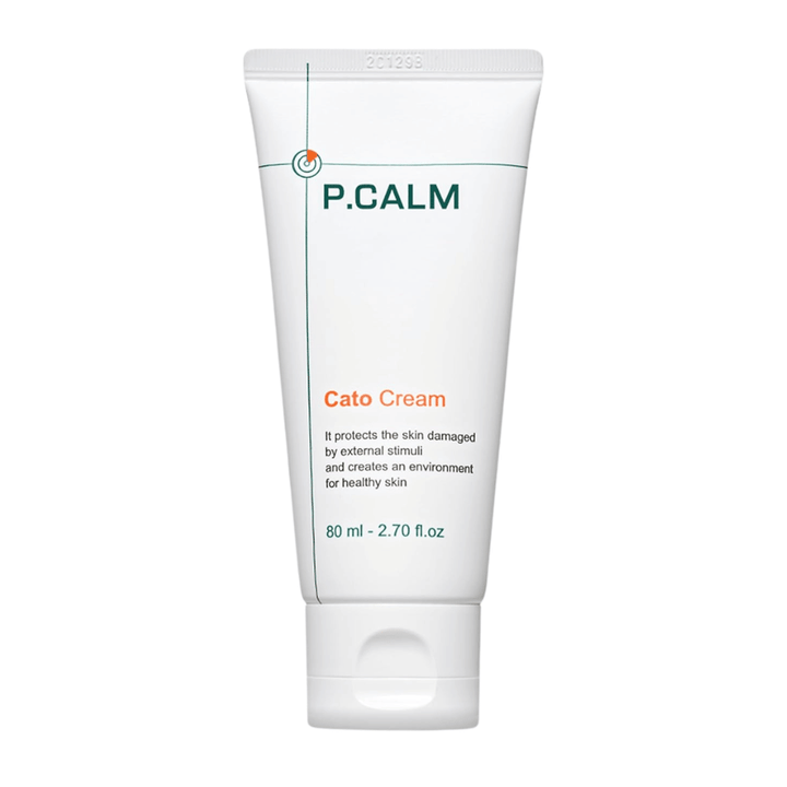 Cut-out product image of P.CALM Cato Cream on a light background. The minimalist tube design highlights the skincare product’s clean and soothing profile for sensitive skin.