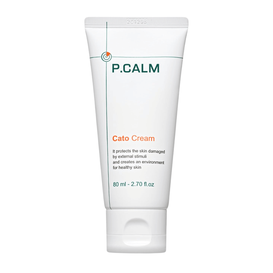 Cut-out product image of P.CALM Cato Cream on a light background. The minimalist tube design highlights the skincare product’s clean and soothing profile for sensitive skin.