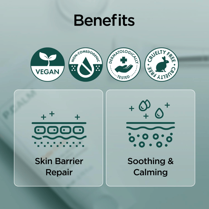 Graphic overview image highlighting the product’s benefits such as a vegan formula, non-comedogenic, dermatologically tested, and cruelty-free. The focus is on skin barrier repair as well as a soothing effect for sensitive skin.