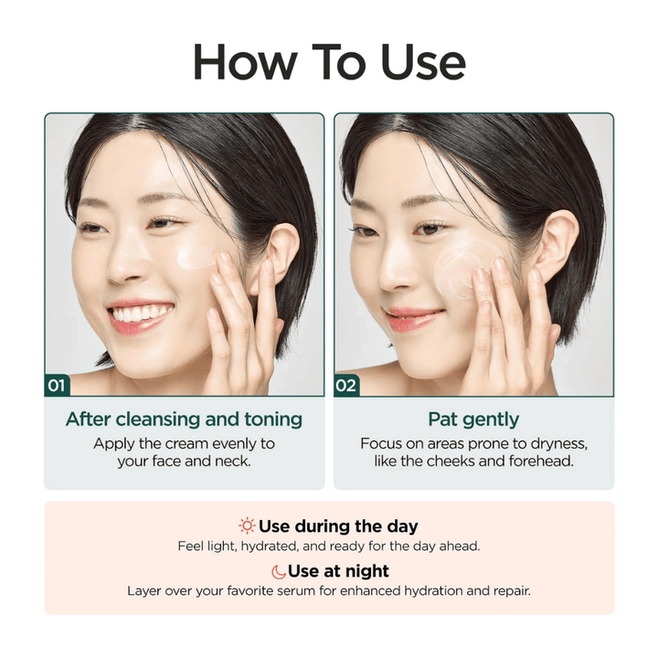 Instructional image showing how P.CALM Cato Cream is used after cleansing and toner. A model applies the cream to the cheeks, and the product is recommended both day and night for hydration and skin barrier care.