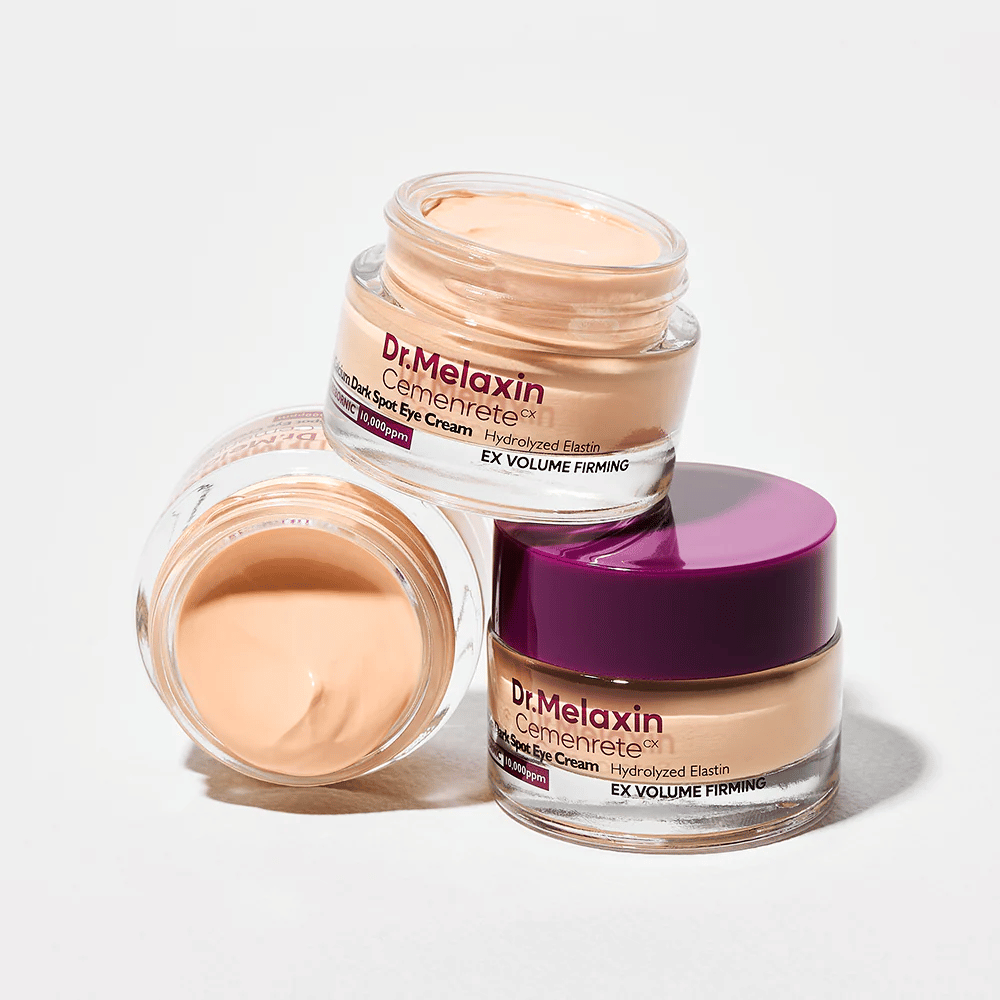 Dr.Melaxin Cemenrete Eye Cream from multiple angles, Korean eye cream against dark spots and fine lines with volumizing and firming effect.