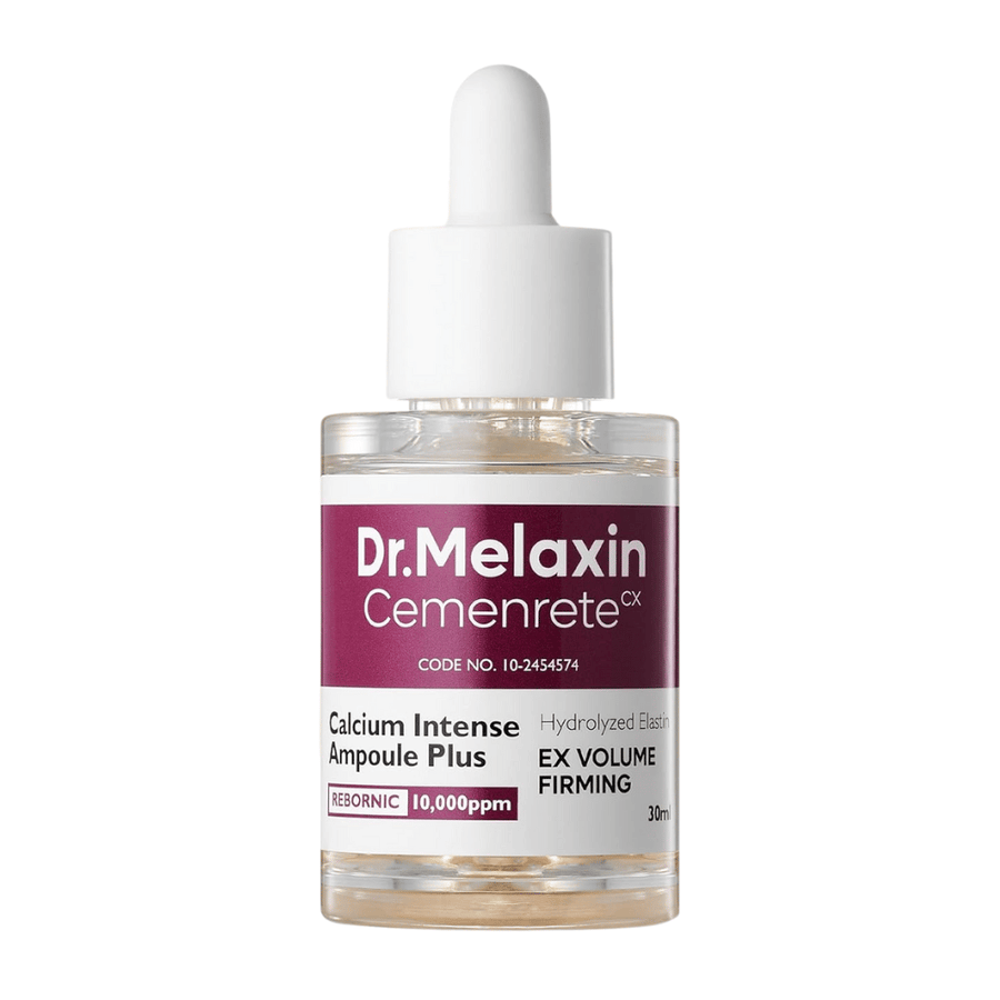 Product image of Dr. Melaxin Cemenrete Calcium Intense Ampoule Plus in a glass bottle with a pipette, a Korean anti-aging ampoule that strengthens the skin's structure and resilience.