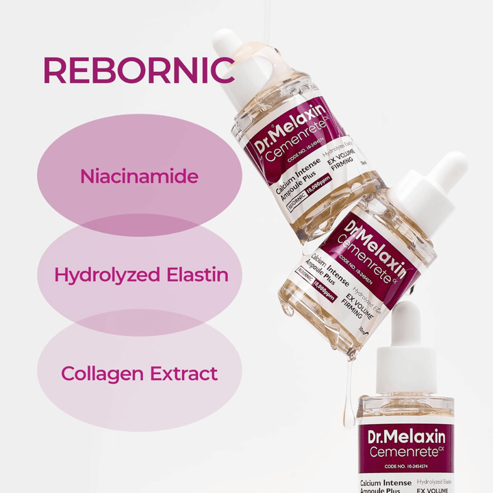 Dr. Melaxin Cemenrete Calcium Intense Ampoule Plus with niacinamide, hydrolyzed elastin, and collagen extract, developed for firmer skin and improved elasticity.