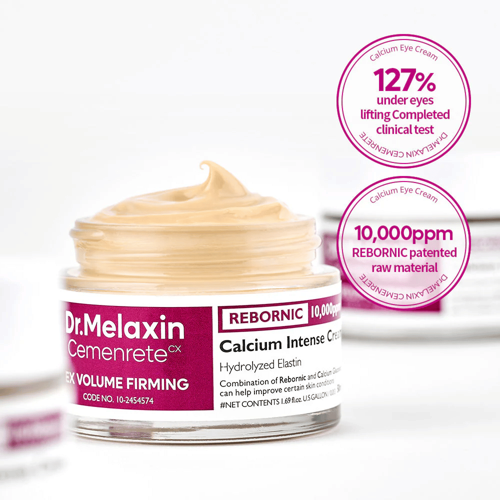 Dr.Melaxin Cemenrete Calcium Intense Cream with clinical markers, shows 10,000 ppm Rebornic and results from tests for tightening and volumizing effect.