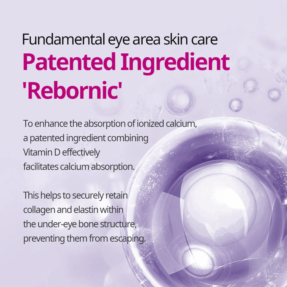 Graphic illustration of patented ingredient Rebornic in Dr.Melaxin Cemenrete, shows how calcium supports collagen and elastin in the skin for increased firmness.