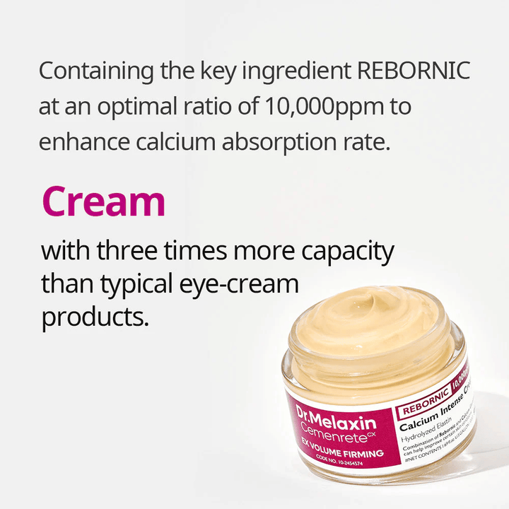 Dr.Melaxin Cemenrete Calcium Intense Cream with infographic about Rebornic 10,000 ppm, face cream that improves calcium absorption and skin elasticity.