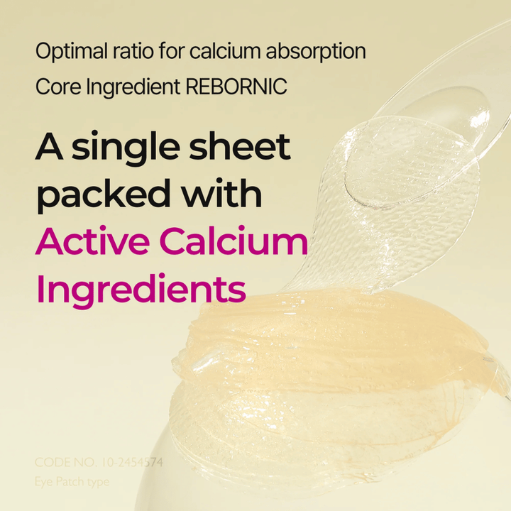 Close-up of hydrogel infused with active calcium in Dr. Melaxin Cemenrete Calcium Volume Eye Patch, developed for optimal absorption and volumizing effect.