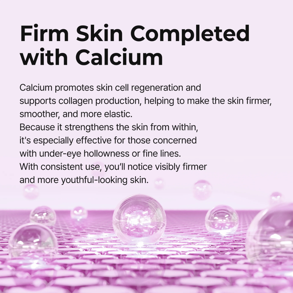 Illustration showing how calcium strengthens the skin's structure and elasticity in Dr. Melaxin Cemenrete Calcium Volume Eye Patch for firmer, smoother, and more youthful skin around the eyes.