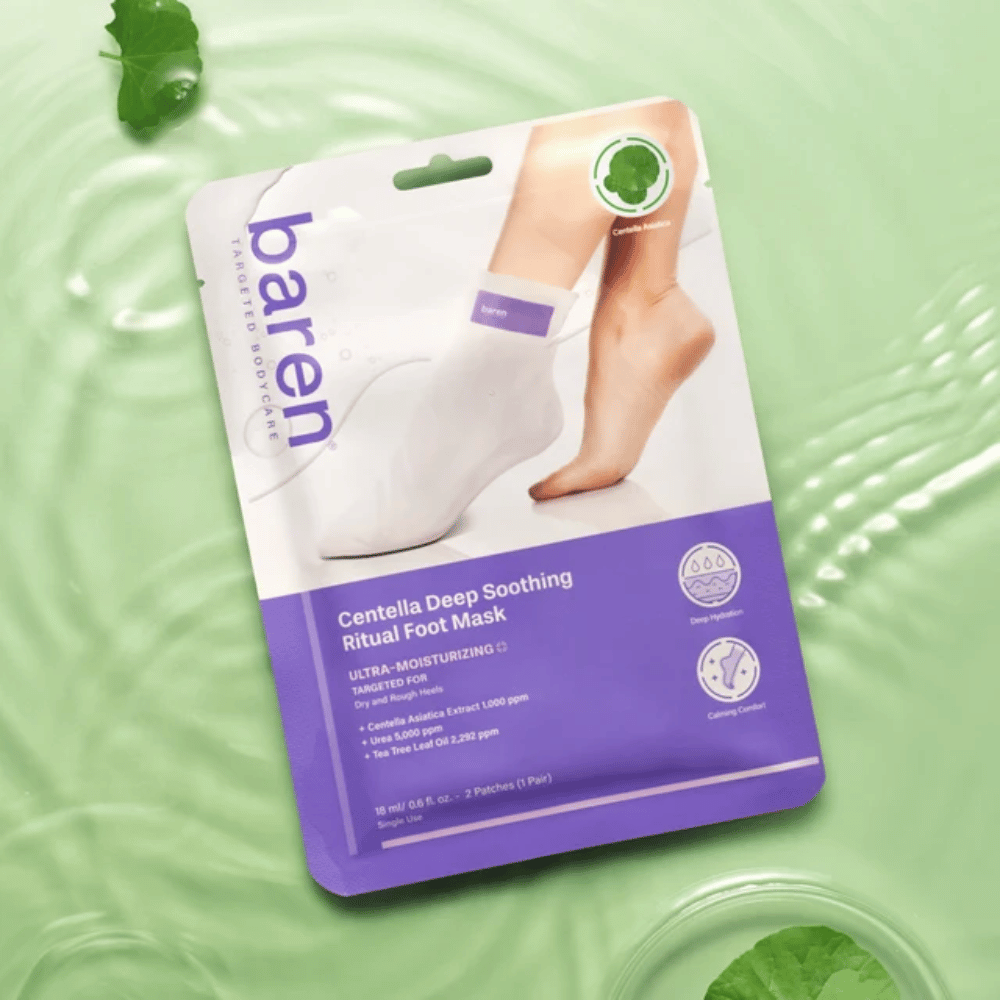 8. Baren Centella Deep Soothing Ritual Foot Mask – packaging with a soothing foot mask against a green background with water and centella leaves