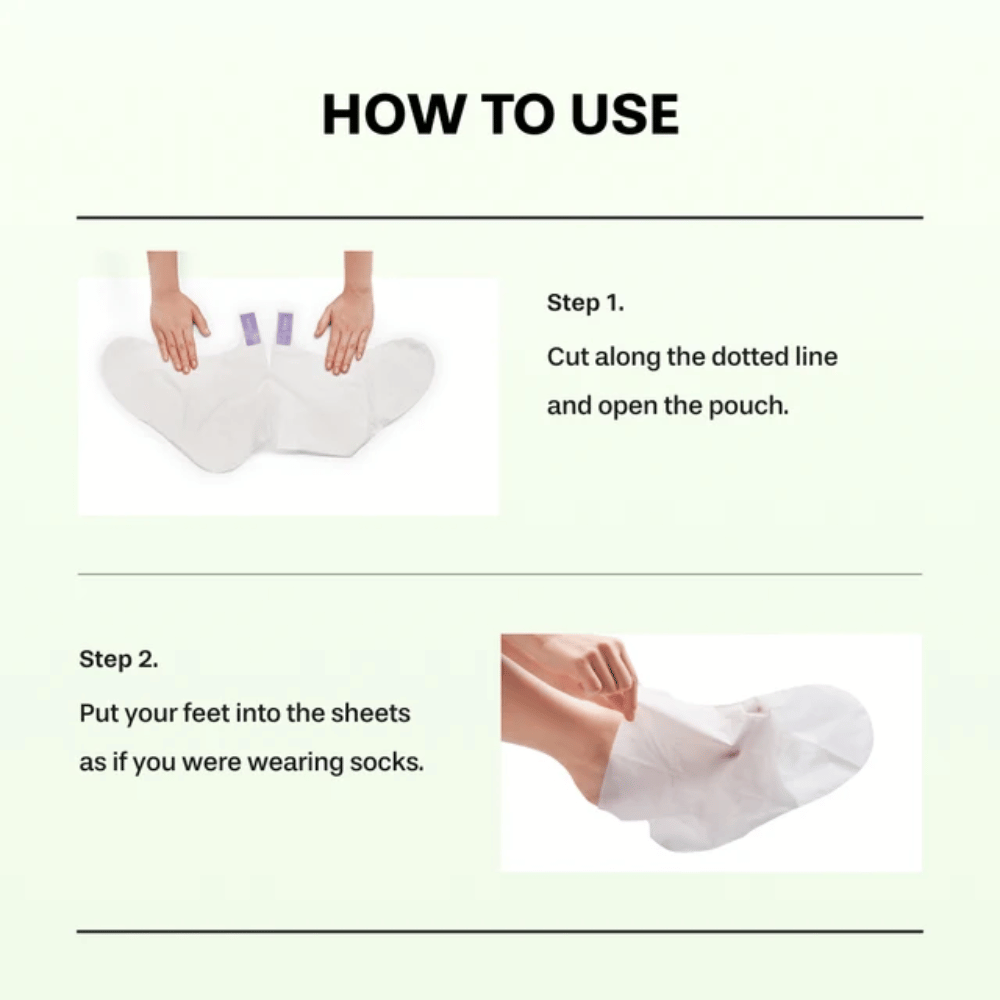 2. Baren Centella Deep Soothing Ritual Foot Mask – steps 1 and 2 showing how the package is opened and the foot masks are put on like socks