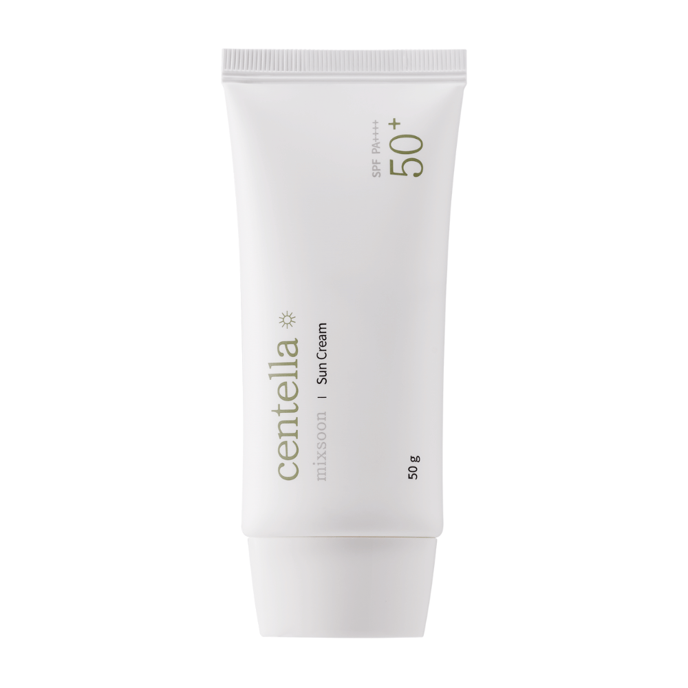 A white tube of Centella Sun Cream SPF 50+ PA++++. The tube is simple with green text details that include the brand and product information. The packaging contains 50 g of sunscreen.