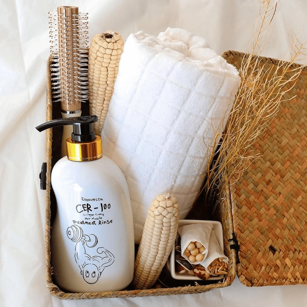 Elizavecca CER-100 Treatment Rinse – strengthening collagen conditioner for frizzy and chemically treated hair in a natural bathroom environment