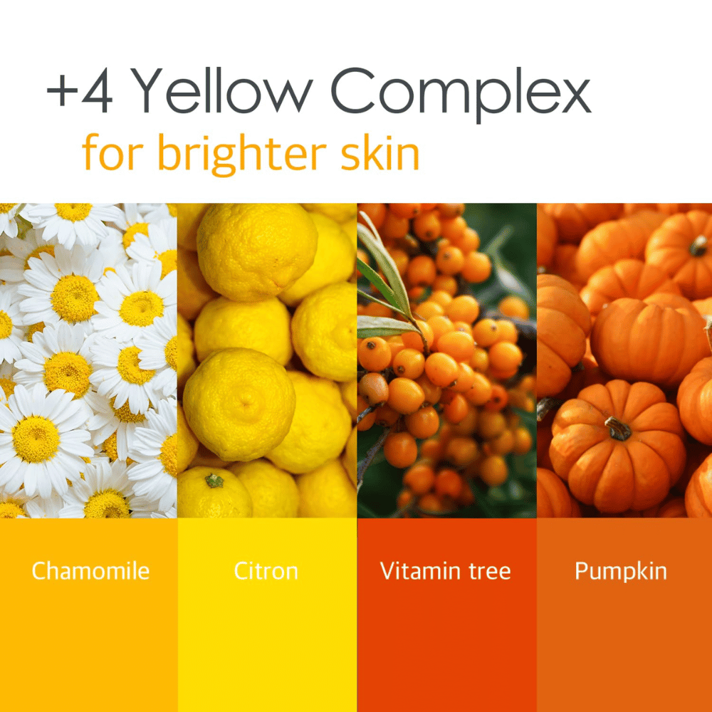 Informational image about the “4 Yellow Complex” with ingredients such as chamomile, lemon, vitamin tree, and pumpkin. The focus is on a clearer skin tone and radiance-boosting properties.