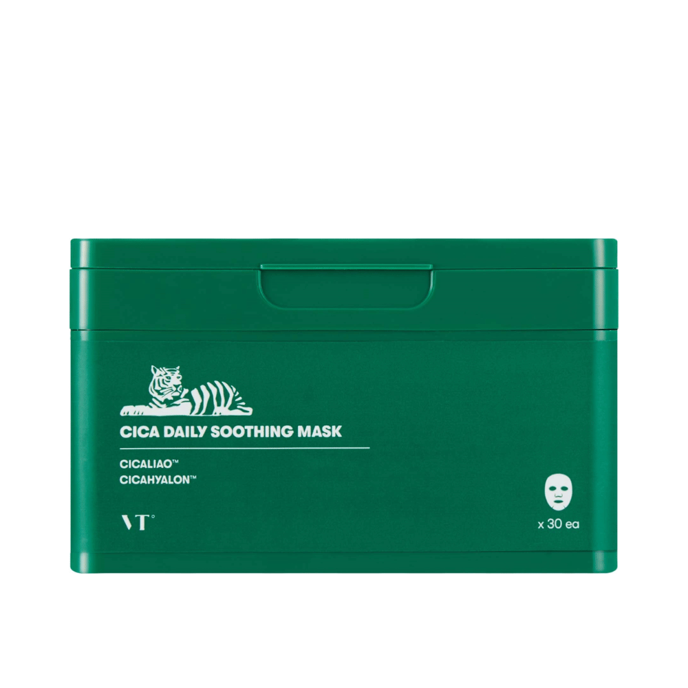 Green packaging with the text "Cica Daily Soothing Mask" and a white illustration of a tiger, containing 30 sheet masks.