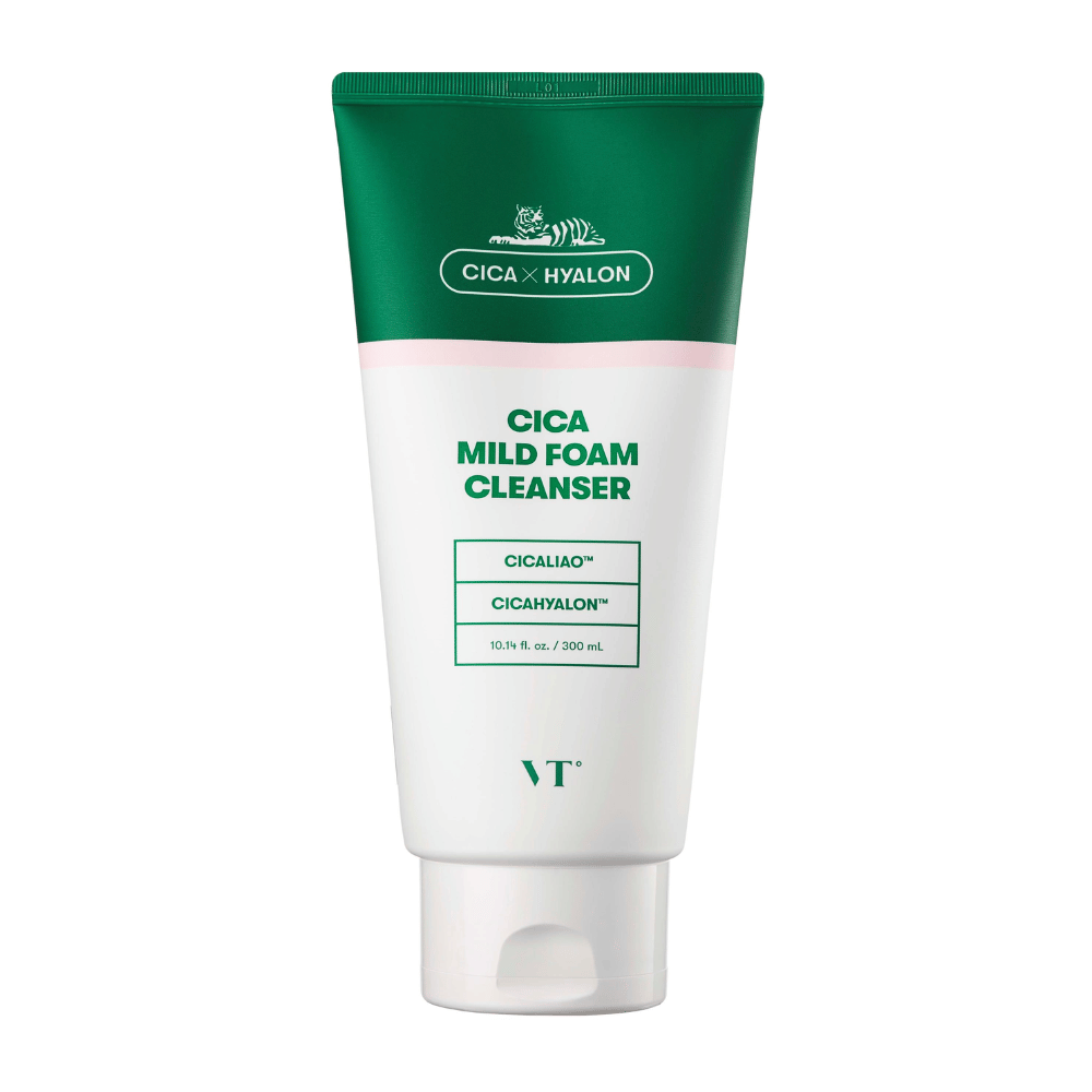 VT Cica Mild Foam Cleanser in a green and white tube against a white background. The packaging shows the ingredients CICALIAO™ and CICAHYALON™, and that the product contains 300 ml.