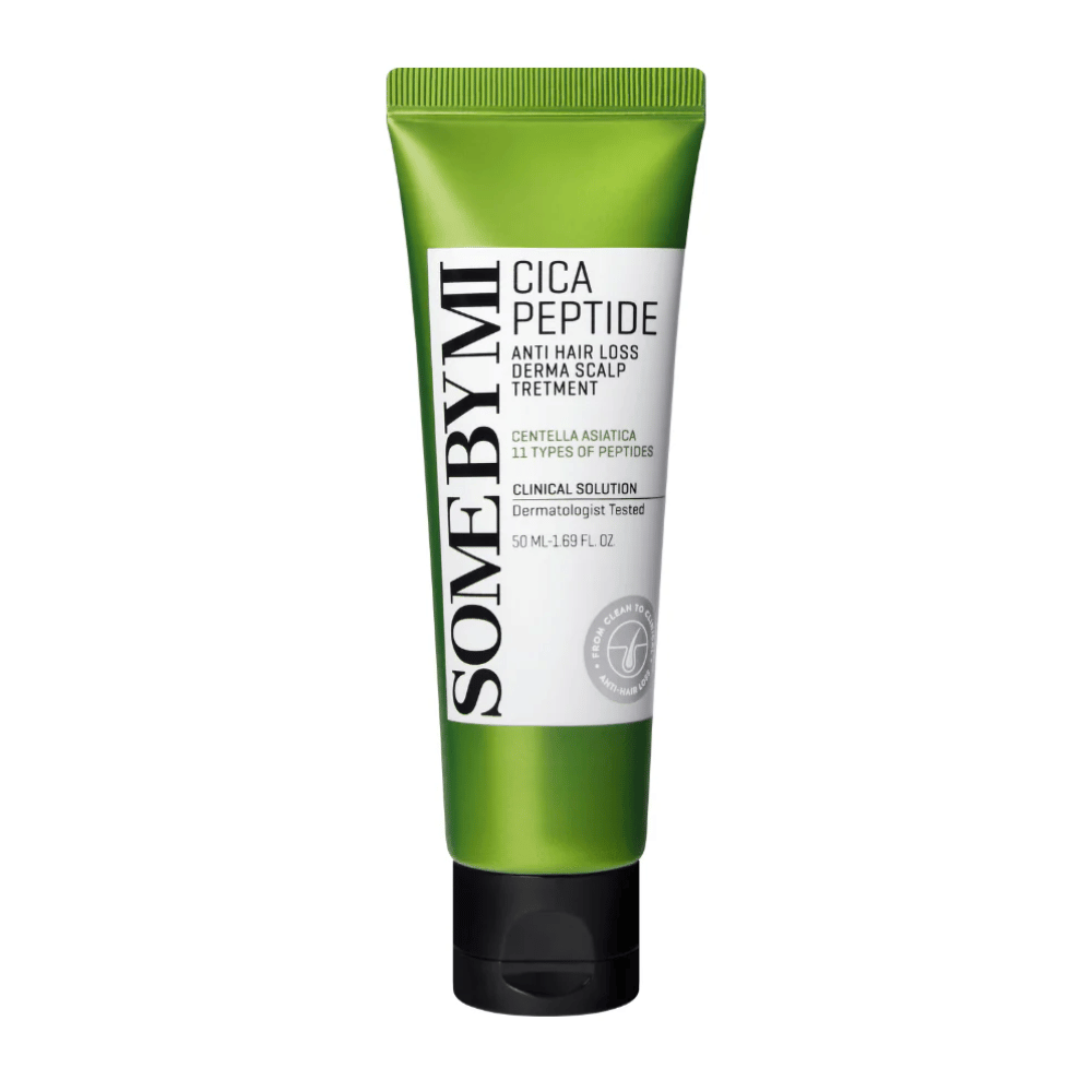 SOME BY MI Cica Peptide Anti Hair Loss Derma Scalp Treatment in green and white tube with black cap, product against hair loss and for scalp care.