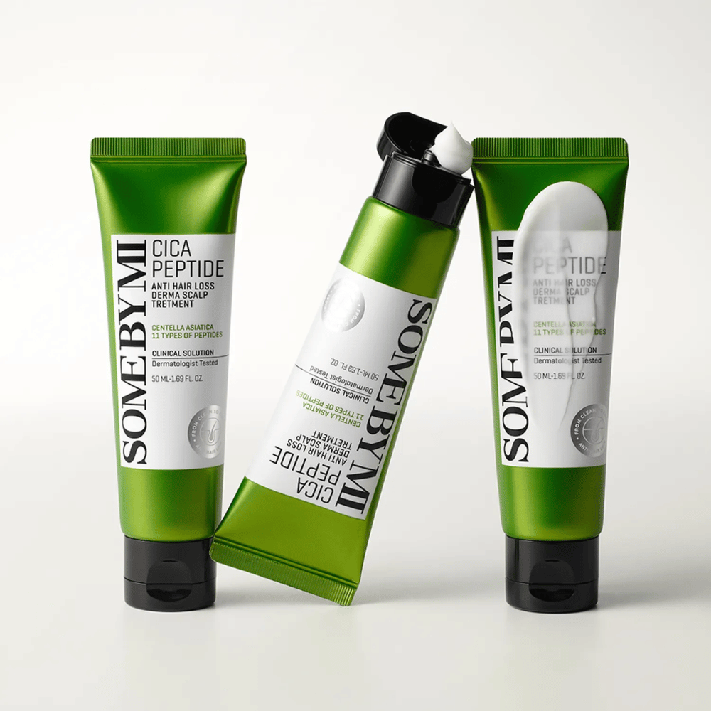 Three tubes of SOME BY MI Cica Peptide Anti Hair Loss Derma Scalp Treatment in green and white, one of which is open with white cream visible.