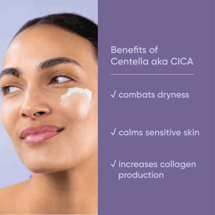 Person applying face cream, graphic showing the benefits of Centella Asiatica (CICA) in Clean It Zero Calming Cleansing Balm for dry, sensitive skin and increased collagen production.