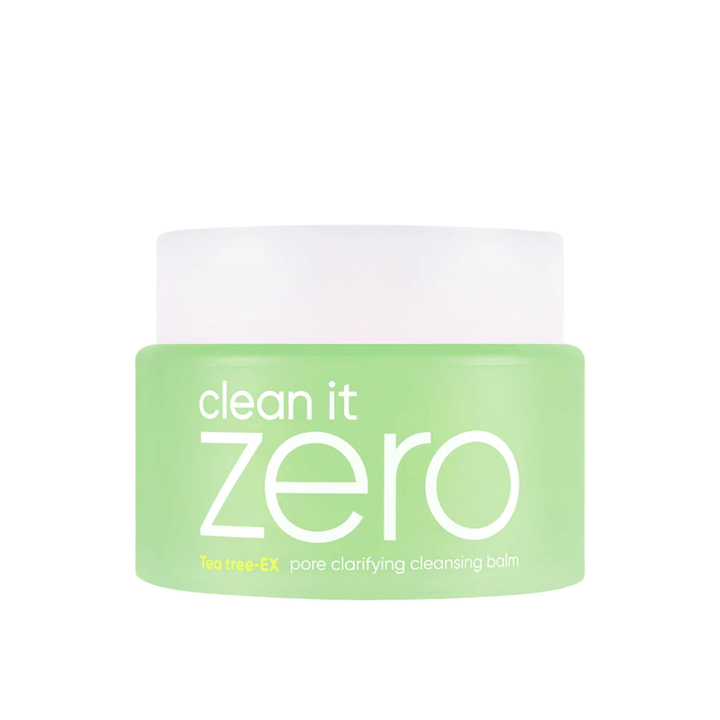 Clean It Zero Tea Tree-EX Pore Clarifying Cleansing Balm in a green jar on a white background, developed for oily and combination skin needing balancing and pore-cleansing.
