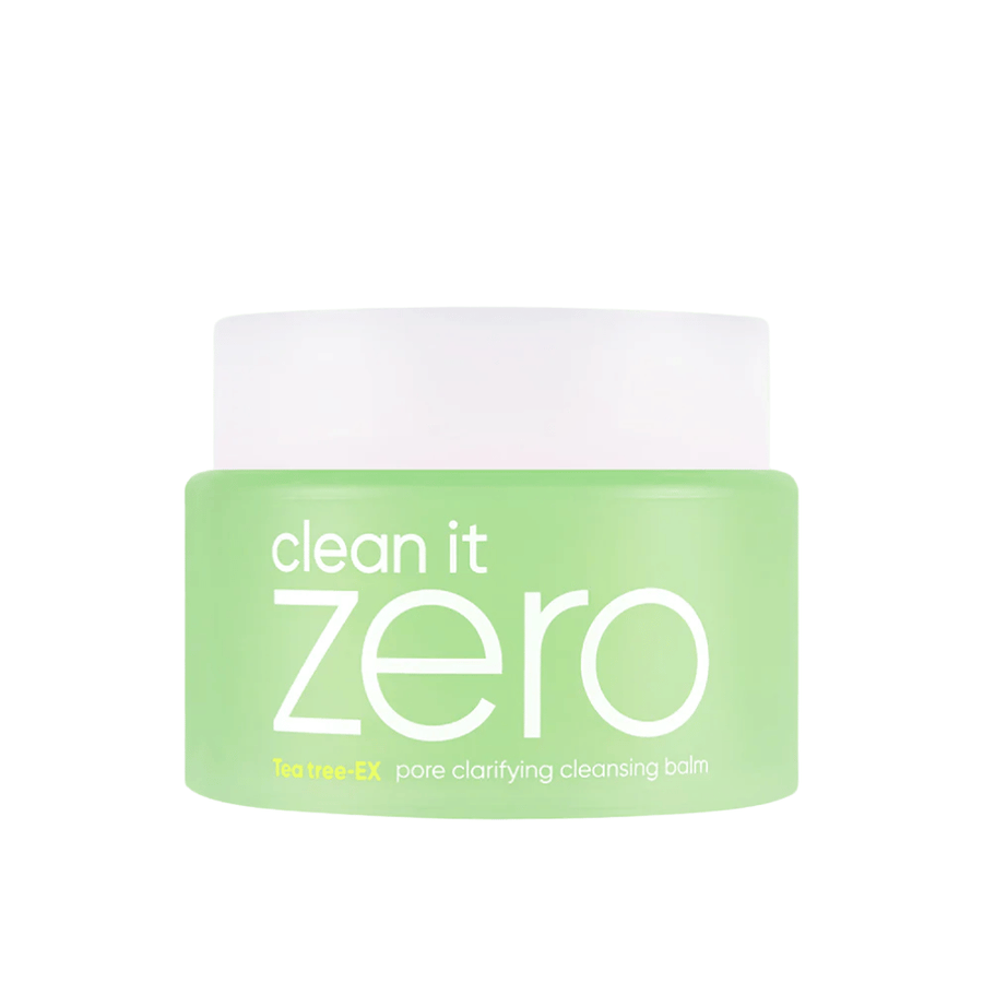 Clean It Zero Tea Tree-EX Pore Clarifying Cleansing Balm in a green jar on a white background, developed for oily and combination skin needing balancing and pore-cleansing.
