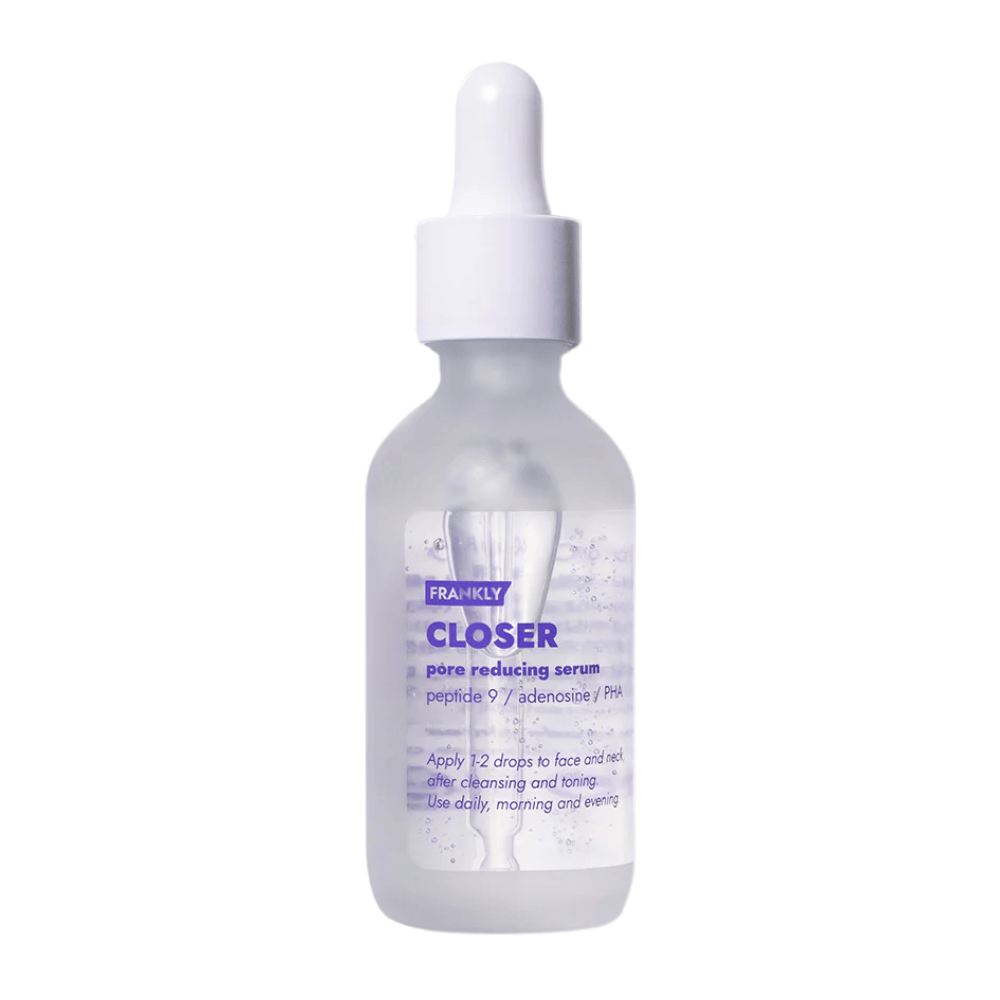 Product image of FRANKLY Closer Pore Reducing Serum in a glass bottle with a dropper. A serum that refines pores and provides firmer, clearer skin.