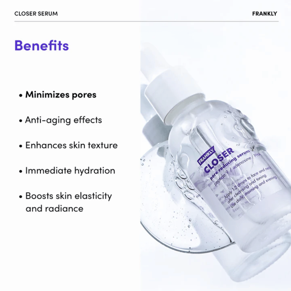 FRANKLY Closer Serum in a transparent bottle on a glossy surface. Text highlights benefits such as minimized pores, hydration, and improved skin texture.