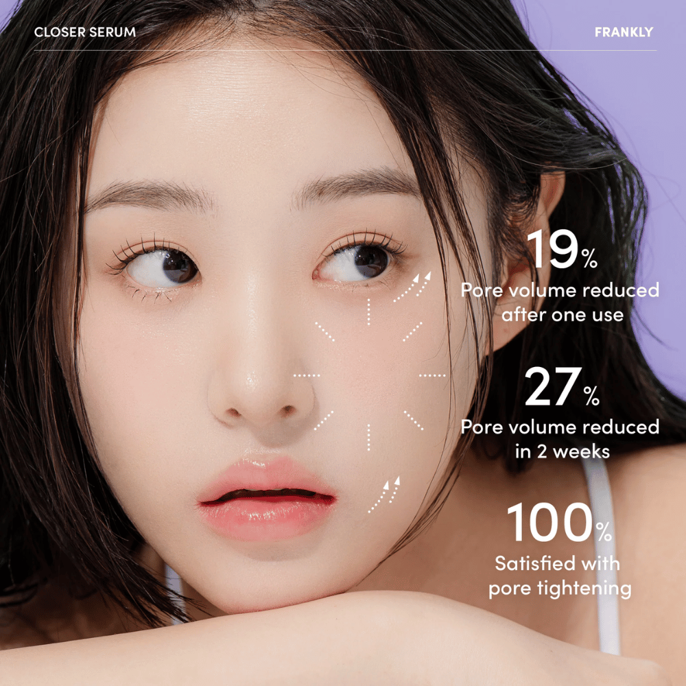 Woman with FRANKLY Closer Serum shows results: 19% reduced pores after one use, 27% in two weeks, 100% satisfied with pore reduction.