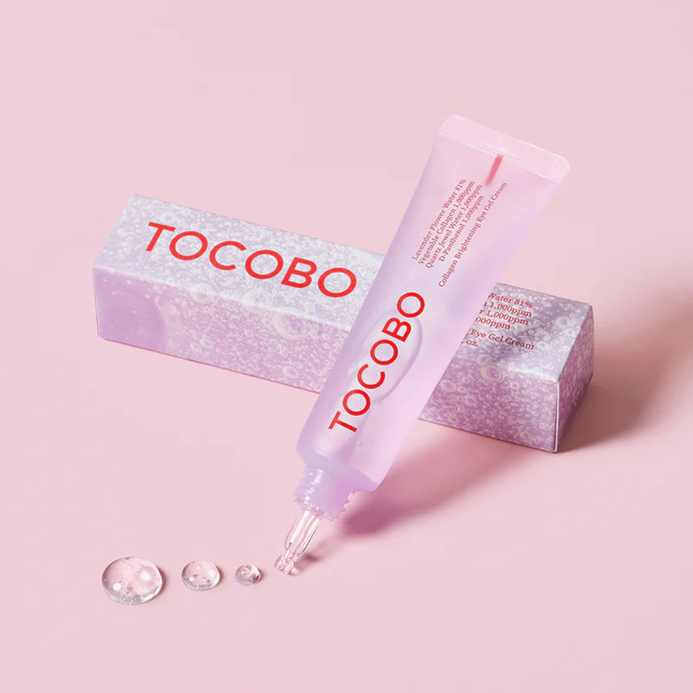 The image shows a product from TOCOBO, which is a "Collagen Brightening Eye Gel Cream". The packaging is pink with a transparent gel coming out of the tube. The product seems to be intended to brighten and moisturize the eye area.
