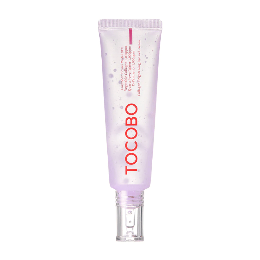 The product in the picture is "Collagen Brightening Eye Gel Cream" from TOCOBO. It is an eye gel in a purple tube with white dots, designed to brighten and improve the appearance of the skin around the eyes.