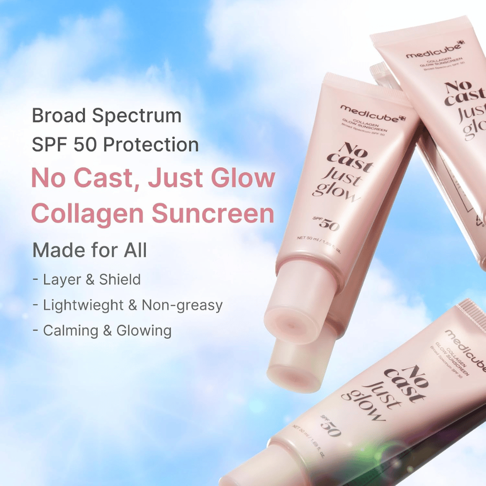 Medicube Collagen Glow Sunscreen SPF 50, lightweight sunscreen with a glow effect without a white cast. Pink sunscreen tubes against a blue sky.