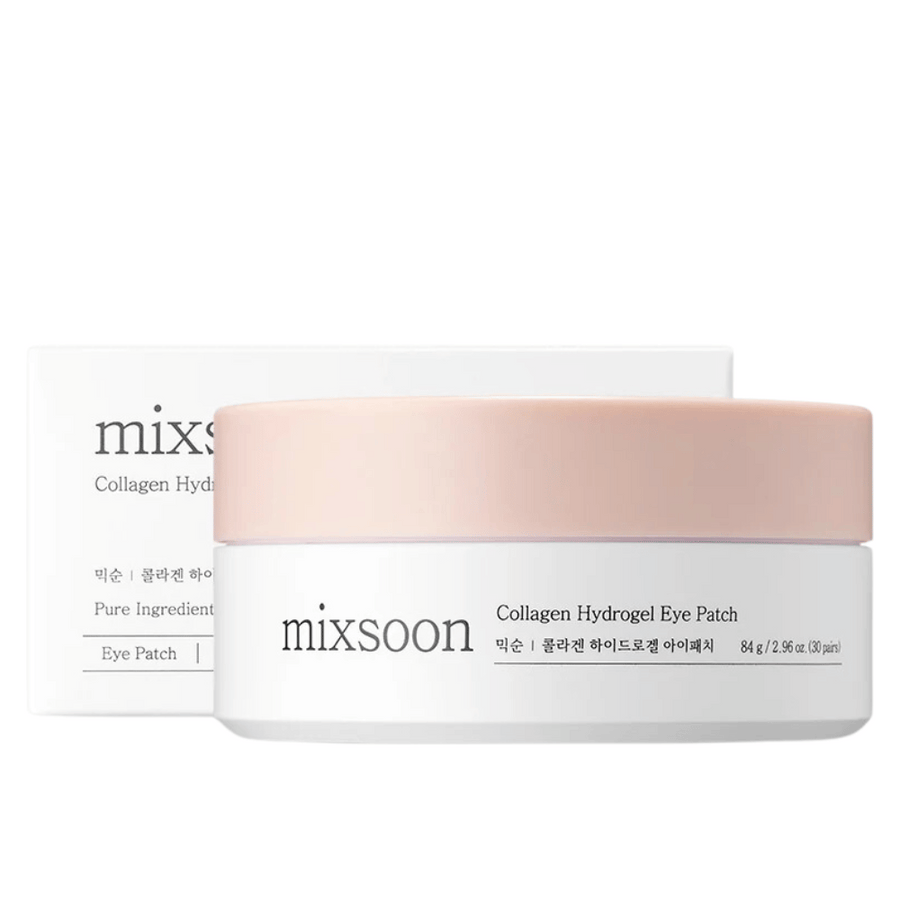 Image of Mixsoon Collagen Hydrogel Eye Patch, showing a jar with a pink lid and white base. The jar contains 84 g (30 pairs) of eye patches. The box is sleek and gives a sense of luxurious skincare. The product is designed to provide moisture and nourishment to the skin under the eyes.