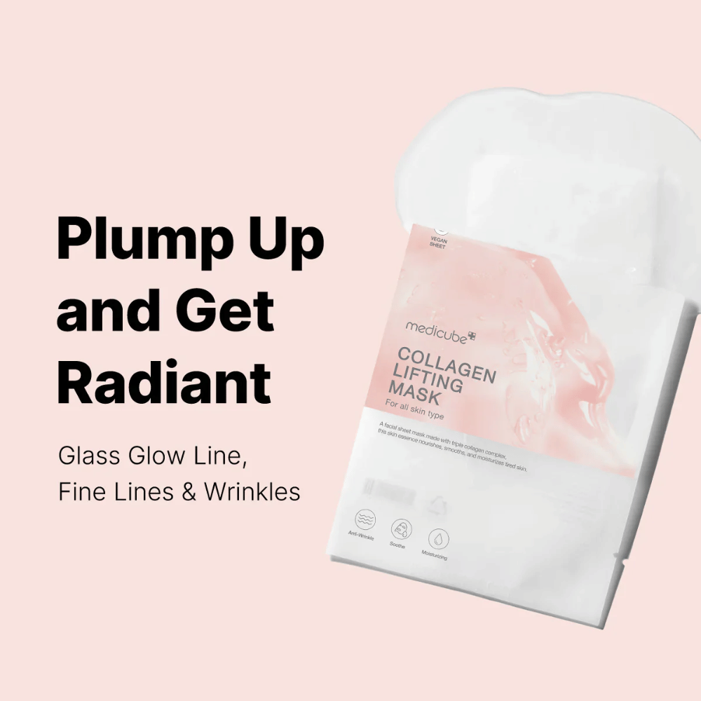 The packaging of "Medicube Collagen Lifting Mask," a face mask focused on plumping up the skin and giving a radiant look. The product targets all skin types and is designed to counteract fine lines and wrinkles. The text "Plump Up and Get Radiant" highlights the mask's features, while graphic elements provide a modern and appealing presentation.