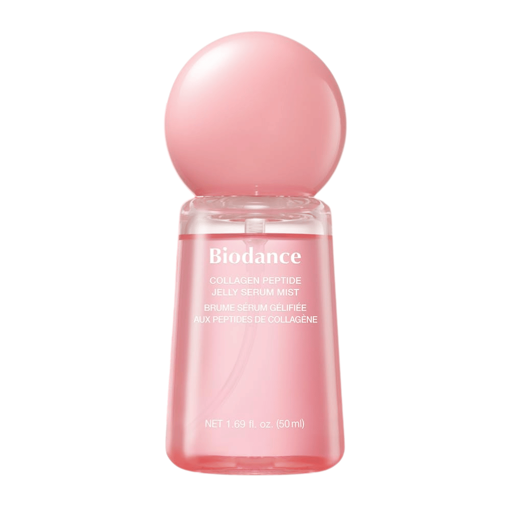 Biodance Collagen Peptide Jelly Serum Mist 50 ml – rosa ansiktsmist och serum med kollagen och peptider för återfuktning och lyster.