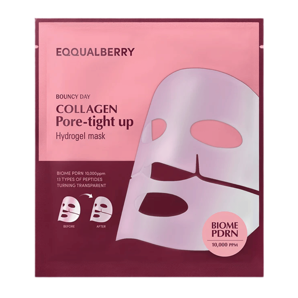 The packaging for Collagen Pore-tight Up Hydrogel Mask, a face mask with biome PDRN and 13 types of peptides, is shown in a pink package with before and after pictures of the mask's effects.