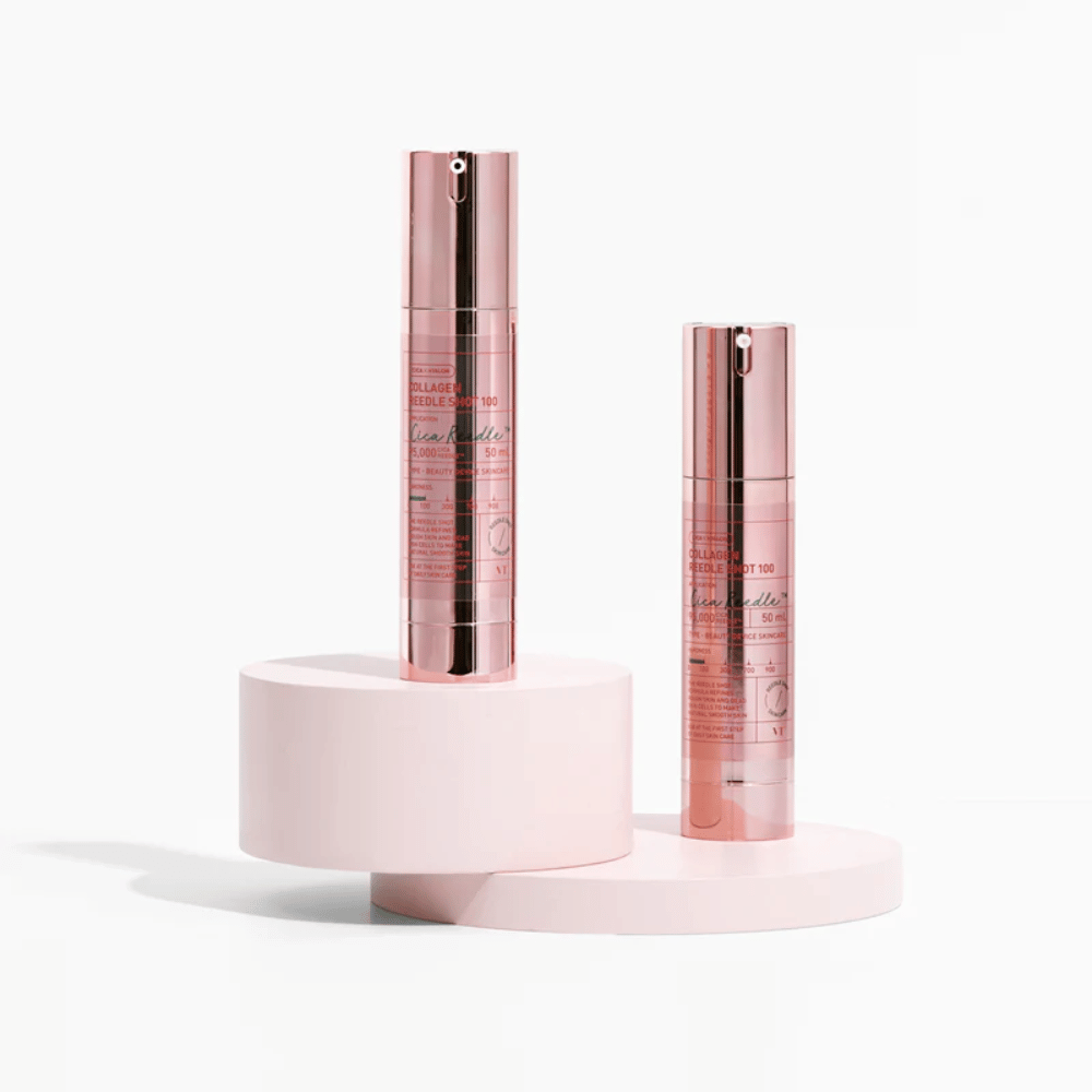 Two bottles of VT Collagen Reedle Shot 100 in pink design. Firming serum with Cica and collagen.